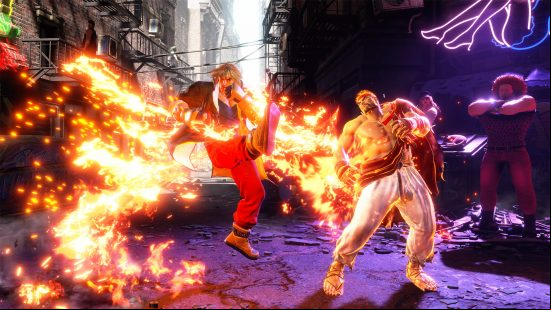 Street Fighter 6 Ken is using a Tatsumaki against Ryu in a crowded alleyway.