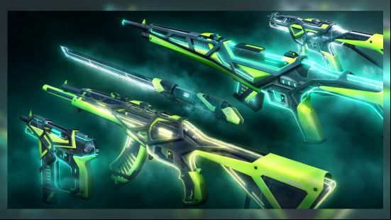 Bright green and neon aqua guns and a sword all face to the left and side of the screen, bearing the RGZ 11z Pro Valorant skins.