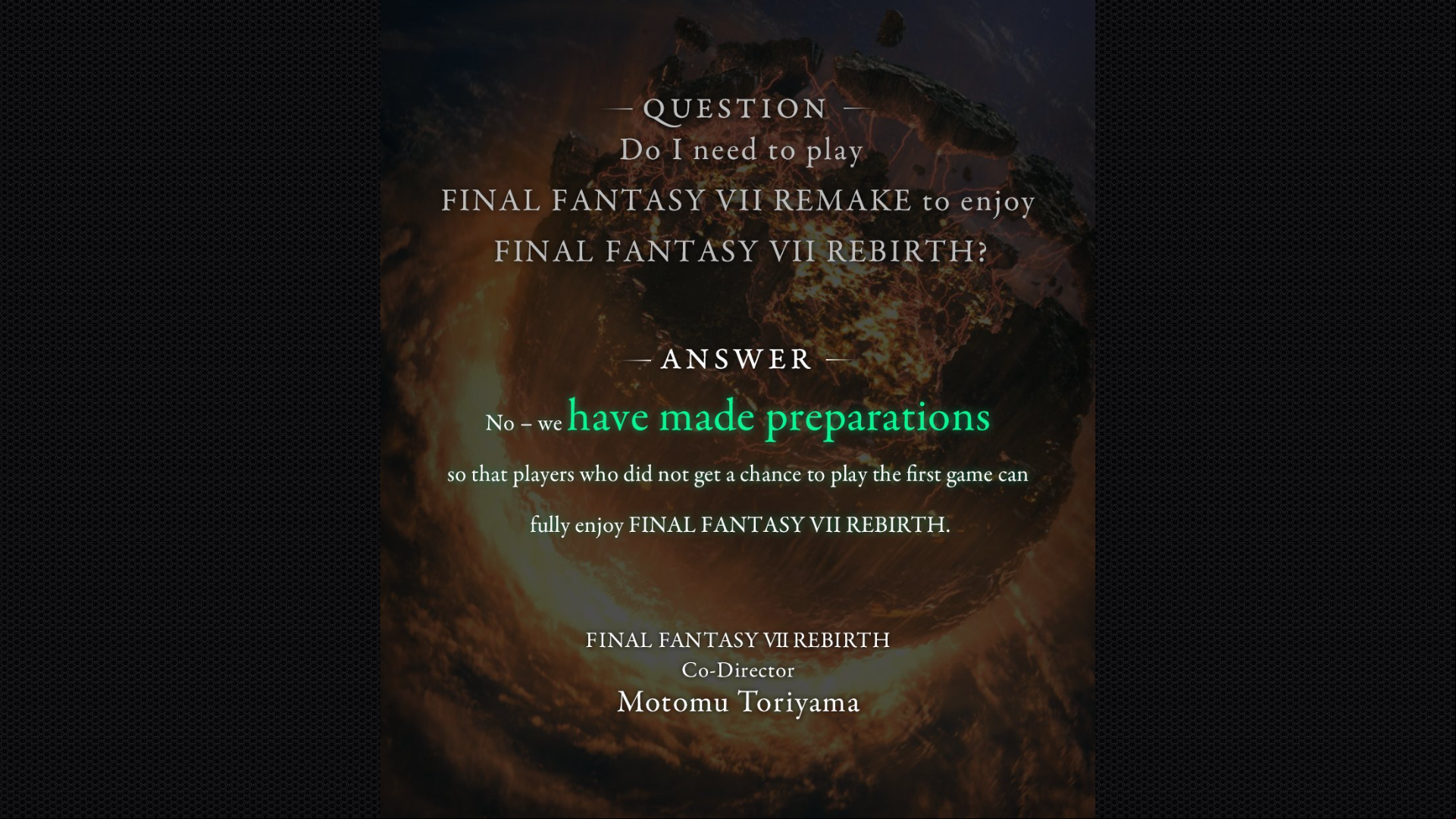 A screenshot of a Tweet taken from Final Fantasy 7's  showcasing the co-director's response to the fan question