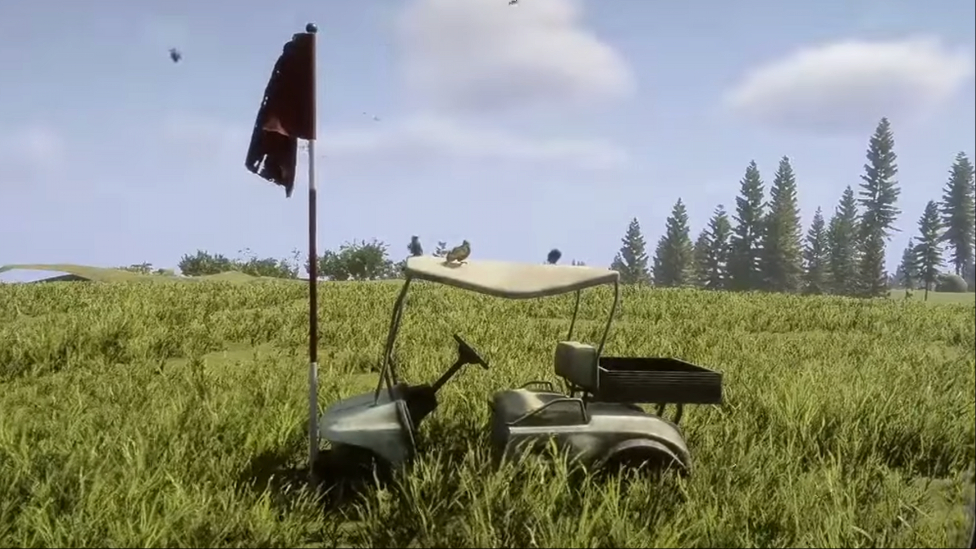 A white golf cart sits on a grassy field in Sons of the Forest