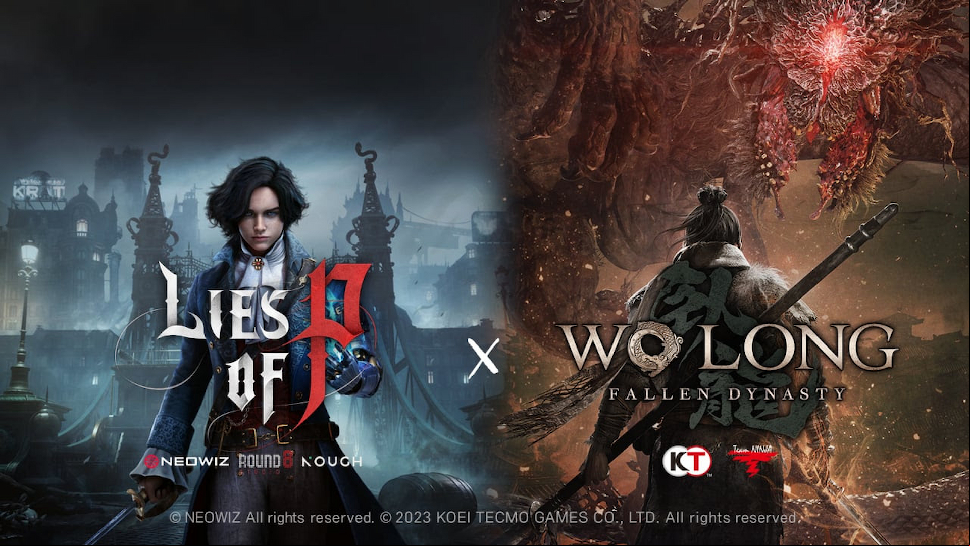The title screen image from Lies of P beside Wo Long Dynasty's to show their collaboration