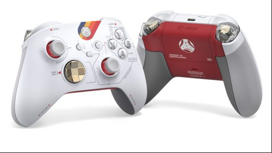 Starfield themed wireless controller is shown from both a front and back perspective against a white background.