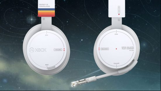 The Starfield themed wireless headset is visible from both side-on angles with an astral, sci fi background.