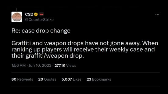 CSGO case drops - Tweet from the CounterStrike : "Re: case drop change Graffiti and weapon drops have not gone away. When ranking up players will receive their weekly case and their graffiti/weapon drop."