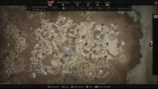 An image of part of the D4 map featuring the area of Fractured Peaks and the Diablo 4 dungeons within.