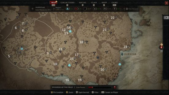 An image of part of the D4 map featuring the area of Southern Hawezar and the Diablo 4 dungeons within.