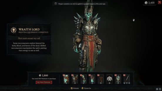 Diablo 4 cosmetics include the Necromancer's wraith lord armor set