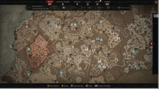 All Diablo 4 dungeon locations in Dry Steppes numbered 