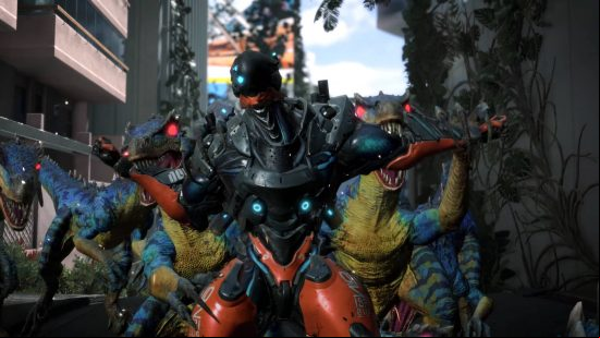 Exoprimal release date: a black and orange Exofighter is being bitten and yanked by some rabid velociraptors.