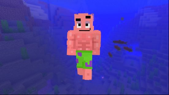 Best Minecraft skins: A funny buff Patrick Star skin on a backdrop of the deep blue ocean, with salmon swimming in the background.