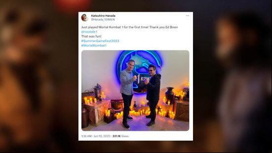 Tekken 8's director gives his verdict on Mortal Kombat 1: a tweet showing two men pose for a photo