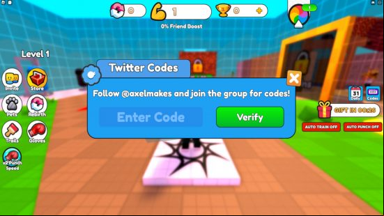 The text prompt to enter the Punch Wall Simulator codes.
