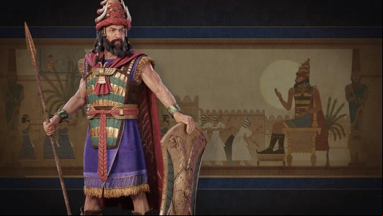 Total War Pharaoh factions: a man dressed in traditional war garb, holding a spear and a shield.