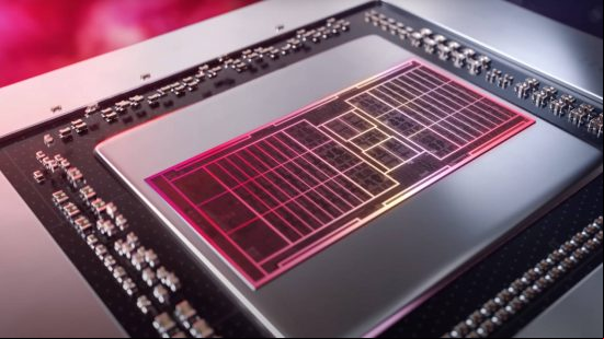 AMD Radeon RX 7800 release date speculation: a close up picture of AMD chip hardware bathed in purple light.