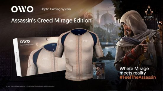 Assassin's Creed Mirage - the OWO Haptic Gaming System, an AC Mirage-themed vest that can be worn to feel in-game sensations via stimulating electrodes.