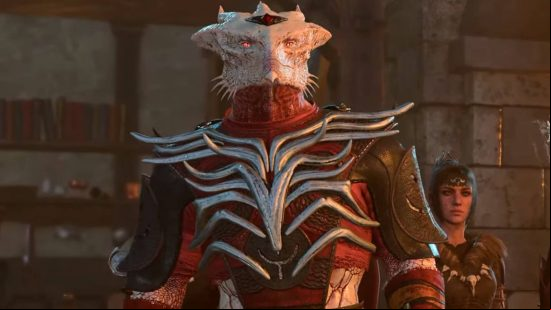 A white Baldur's Gate Dragonborn in resplendent armor and with a red neck, is standing in a room with a bookshelf. Shadowheart stands behind him.