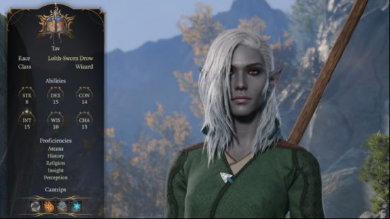 Baldur's Gate 3 Drow: a grey skinned female with point ears, wearing a green garment, with a staff attached to her back.