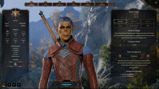 Baldur's Gate 3 Fighter build: an orcish looking character wearing a light leather armor, carrying a large sword on their back.
