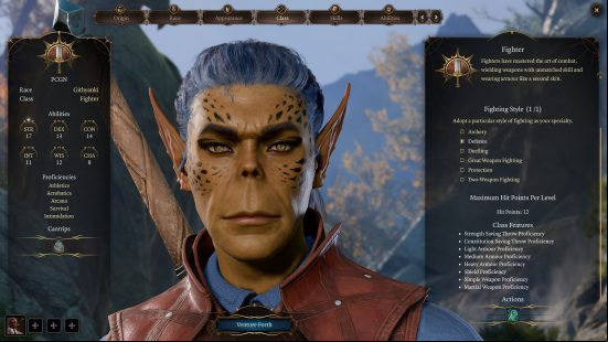 Baldur's Gate 3 Fighter build: a close up look at an orcish looking character wearing a light leather armor, carrying a large sword on their back.