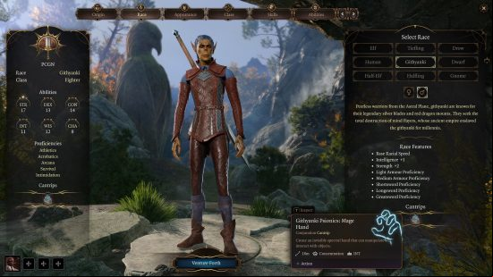 Baldur's Gate 3 Fighter build: an orcish looking character wearing a light leather armor, carrying a large sword on their back.