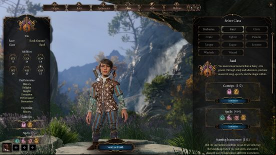 Baldur's Gate 3 gnome bard with short dark hair, a green top and blue pants