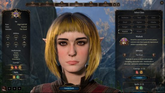 Baldur's Gate 3 Half-Elf: a female Half-Elf with shoulder-length yellow hair.