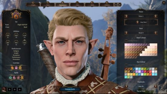Baldur's Gate 3 Half-Elf: a gaunt, light-skinned, Half Elf male staes directly at the camera.