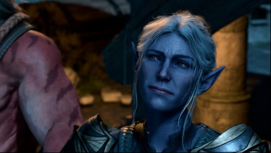 Baldur's gate 3 minthara is purple-skinned with amber eyes and wears dark armor