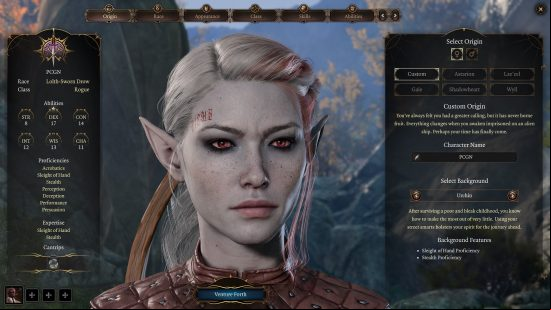 Baldur's Gate 3 Rogue build: a grey-skinned woman with pointed ears wearing light leather armor and carrying a bow on her back.