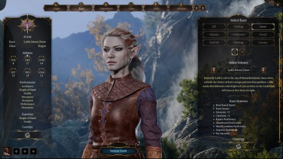 Baldur's Gate 3 Rogue build: a grey-skinned woman with pointed ears wearing light leather armor and carrying a bow on her back.