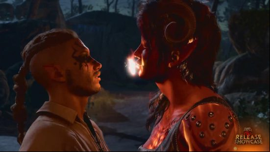 Baldur's Gate 3 romance: two humanoids, one breathing light into the other.