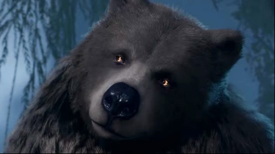 Baldur's Gate 3 spells: A close up of a bear with flames in his eyes.