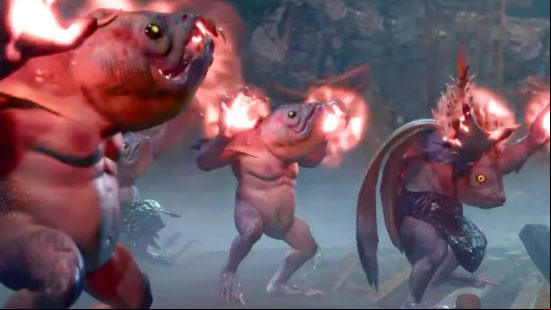 Baldur's Gate 3 spells: Three red fish-like monsters wield red, glowing orbs in their hands, and wave their arms in the air.