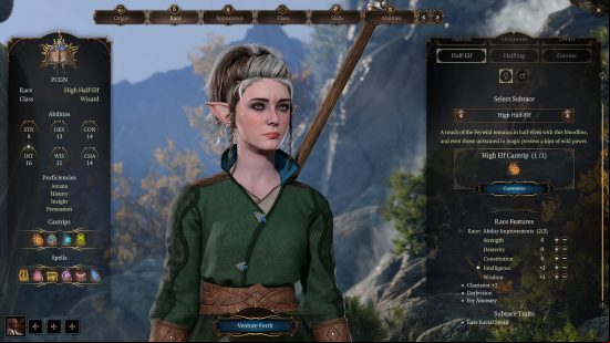 Baldur's Gate 3 Wizard build: a woman with pointed ears, dressed in a green robe with a staff on her back.