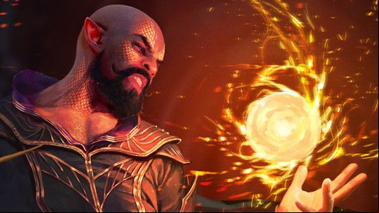 A male sorcerer with a mustache and a scale pattern on his head wields on of the Baldur's Gate 3 spells, as a ball of fire appears in his hand.