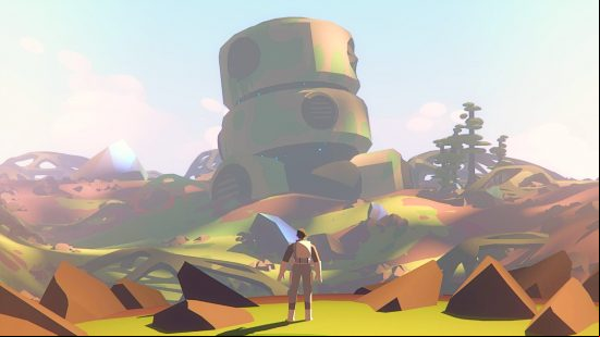 A colonist stands before a sprawling vista on the planet Avesta in Seed, one of the best games like Minecraft.