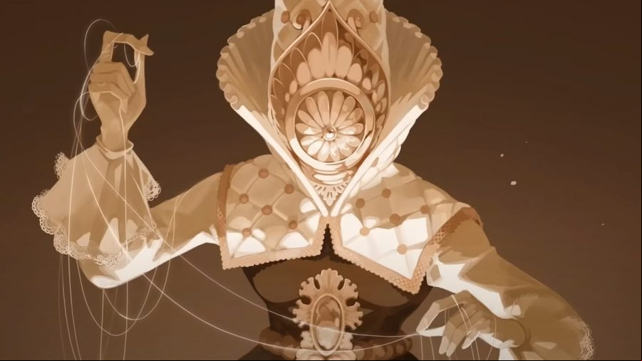 One of the many foes in Blasphemous 2, dressed in an ornate headdress that obscures their face as they wield a needle and thread.