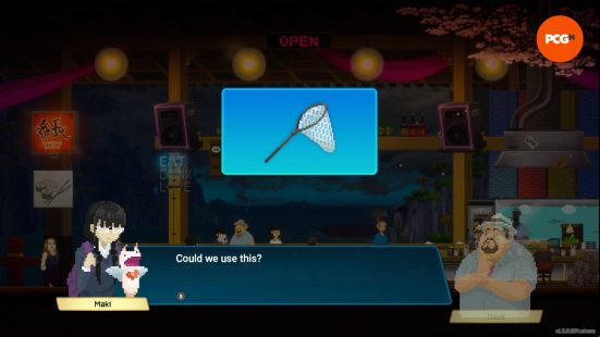 A young girl talking through her puppet is suggesting that Dave uses a bug net to capture small sea creatures such as seahorses in Dave the Diver.