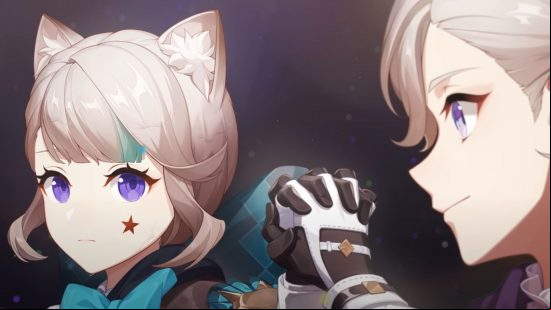 Lynette clasps hands with her brother Lyney during a standing ovation, another character that can be pulled from the Genshin Impact Lynette banner.