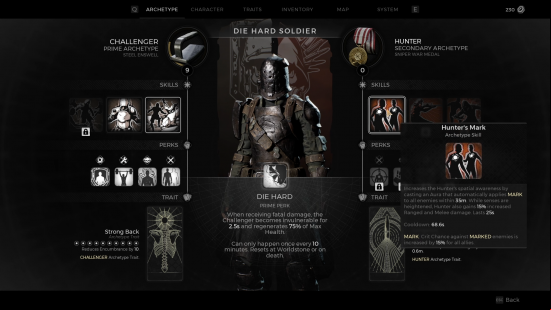 Remnant 2 dual archetypes: A screen shows the die hard soldier, with the two archetypes of hunter and challenger