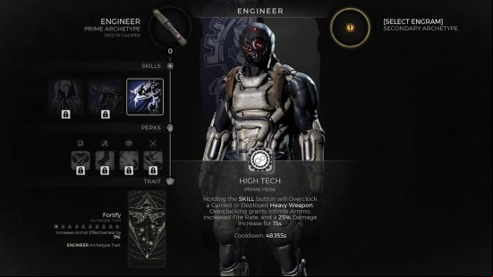 The Character screen featuring the Remnant 2 Engineer archetype, including its various perks, skills, and traits.