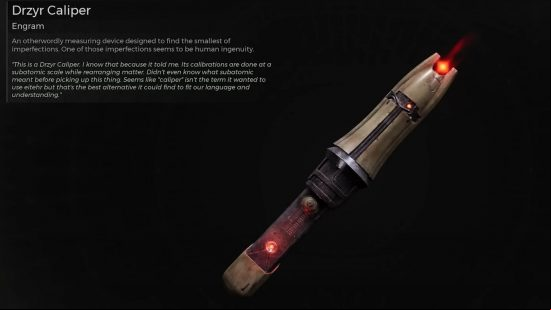 The Drzyr Caliper engram as it appears in the inventory, which describes it as an otherworldly measuring device designed to find imperfections, and required to unlock the Remnant 2 Engineer archetype.