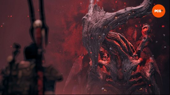 Remnant 2 Explorer archetype: Annihilation, a giant, skeletal beast with a horned skull looks upon the player character.