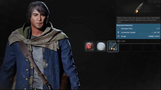 Remnant 2 Invader archetype: The trade screen for Wallace, showing the vendor himself and the craftable serrated root blade: the invader engram.