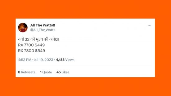 AMD Radeon RX 7700 benchmark and pricing leak: a tweet showing the alleged price of the RX 7700 and 7800 appears against an orange background.