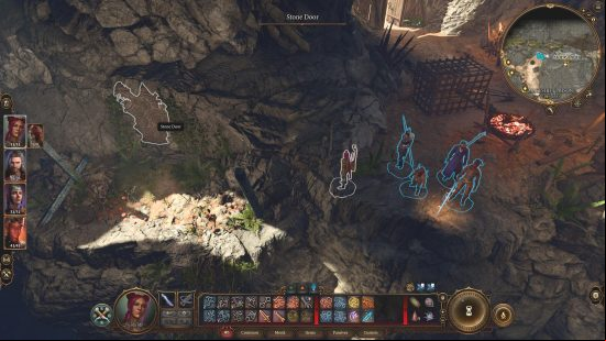 BG3 Save Sazza: The party looks at a stone door that leads to a secret ageway.