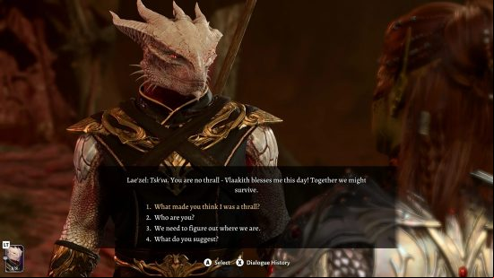 BG3 mods: An image from Baldur's Gate 3 with the Improved UI mod installed, with a black box appearing behind the dialogue options, a white dragonborn taking up the rest of the screen.