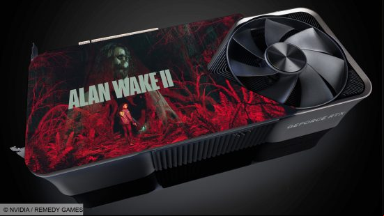 An image of an Nvidia GeForce RTX 4090 GPU with a custom Alan Wake 2 backplate.