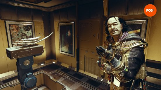 A balding space pirate smirks at the viewer as he invites them to look at his prized possession, one of the mysterious artifacts we must retrieve on our quest, one of the focal points of our Starfield review.