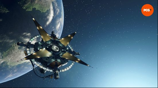 The Eye, a futuristic star-shaped space station, hangs in space surrounded by stars above the planet Jemison, the home of New Atlantis and our primary hub world in our Starfield review.